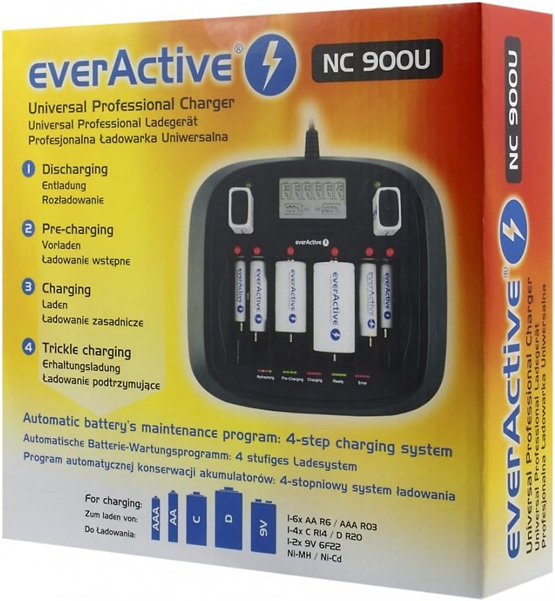 Detalle de everActive NC-900U – ładowarka do akumulatorów Ni-MH, 8 gniazd i LCD