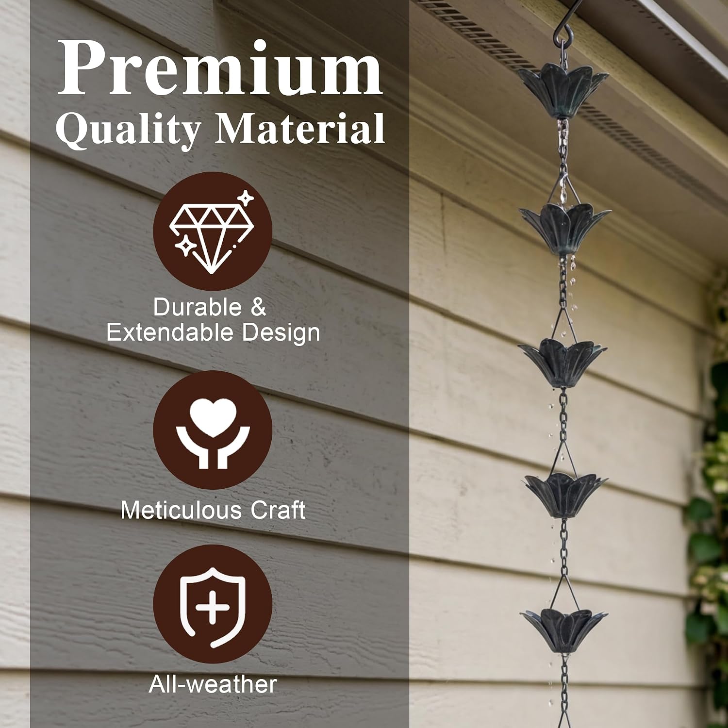 Detalle 2 de Topadorn 8 ft Metal Rain Chain with 12 Lotus Cups, Adjustable Length