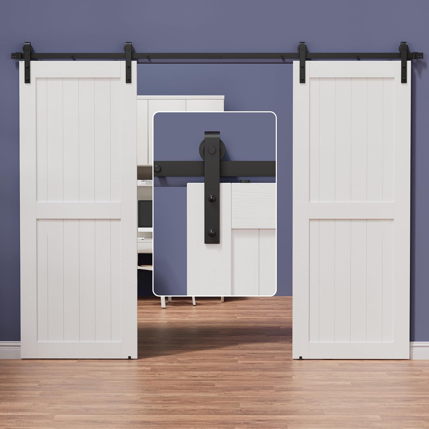 Detalle de ZEKOO GCM3727 11 ft Double Barn Door Hardware Kit, Steel Rail, 260 lb Capacity