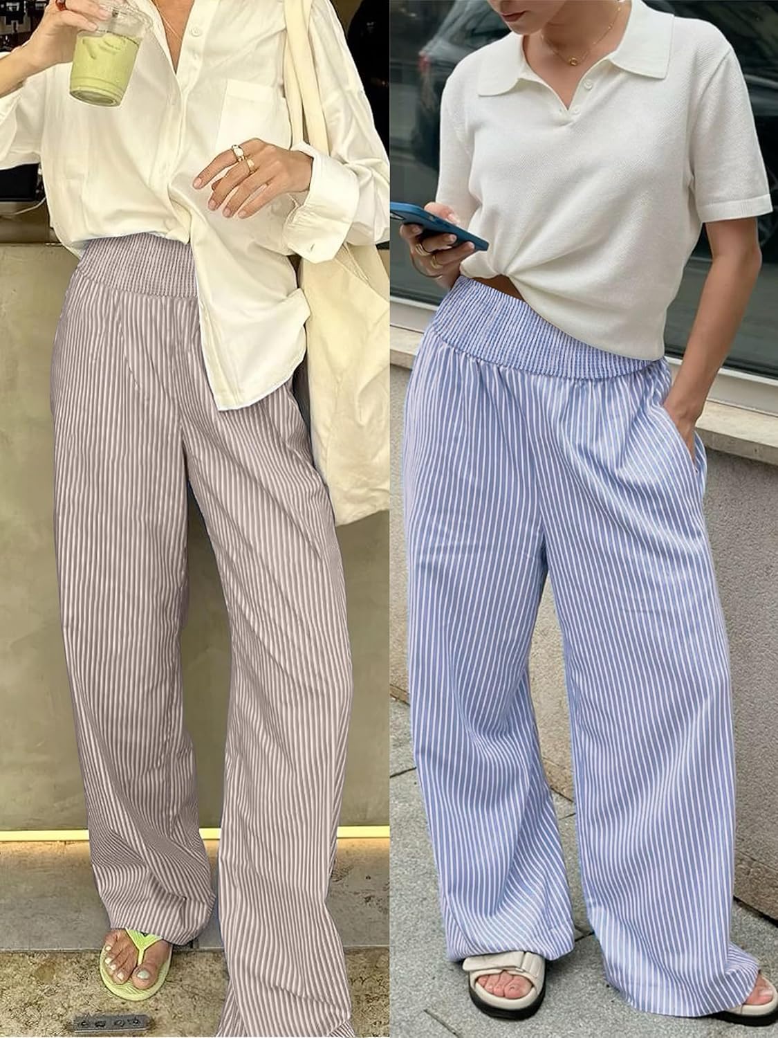 Thumbnail 5 de ANRABESS Gingham Plaid Palazzo Pants for Women – High-Wlex Wide-Leg Loungewear with Smocked Waist