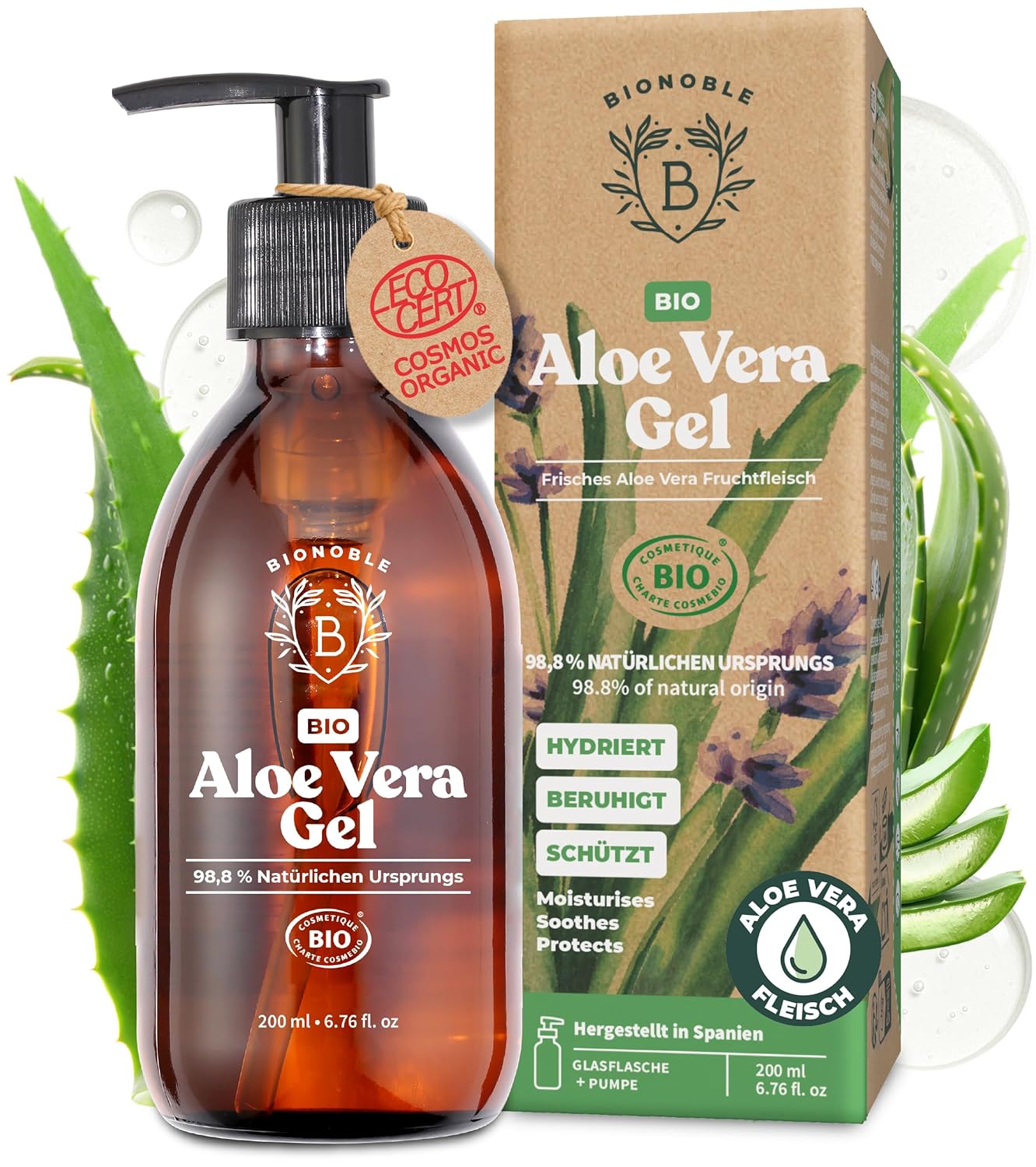 Detalle de BIONOBLE Bio Aloe Vera Gel 100% Blattgel mit Lavendelöl – vielseitige Feuchtigkeit in 200 ml