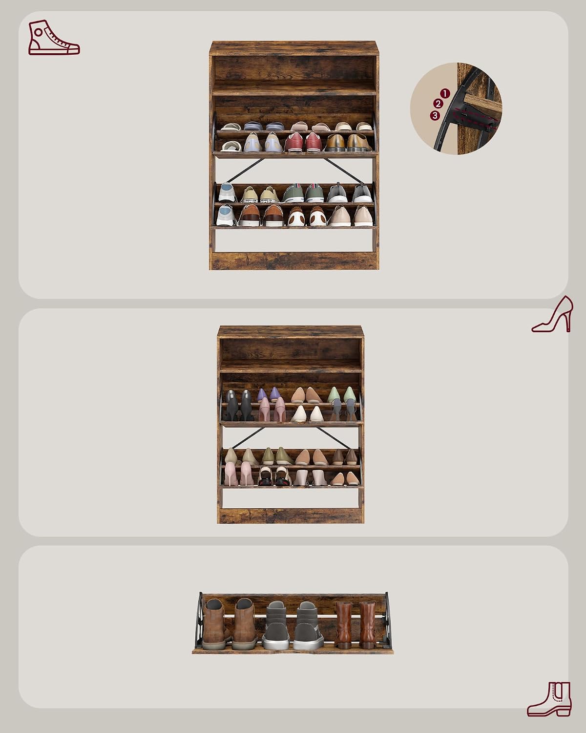 Detalle de VASAGLE LBC048B01 Shoe Cabinet with Hinged Doors and Adjustable Dividers
