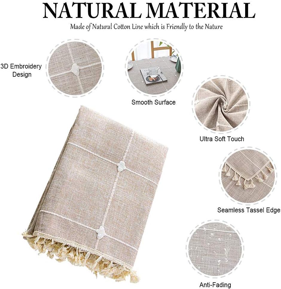 Thumbnail 3 de Pahajim Tischdecke Abwaschbar Baumwolle Leinen – Rechteckig 140 x 220 cm mit Quasten, Beige Gitter