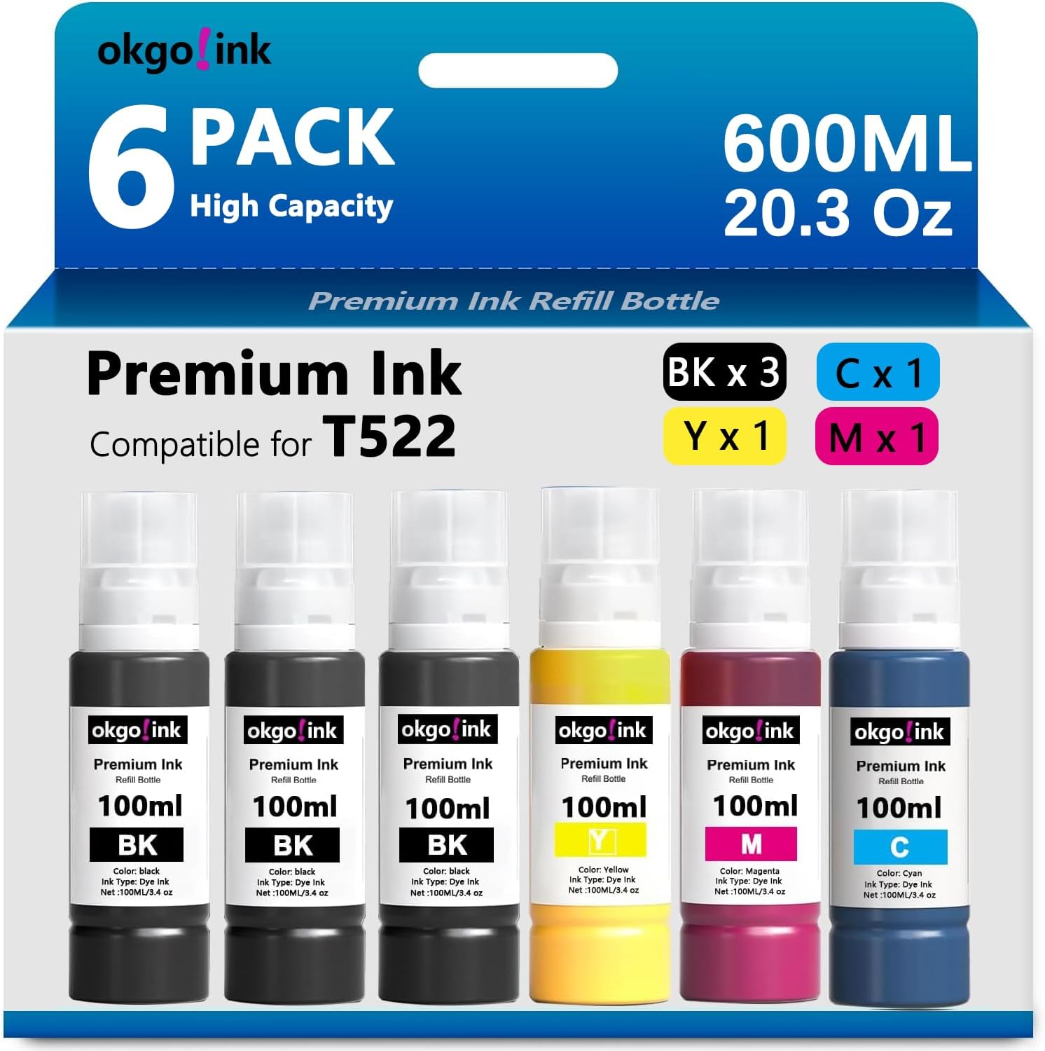 Detalle de OKGO!INK T522 502 Ink Refill Bottles, 6-Pack for EcoTank Printers