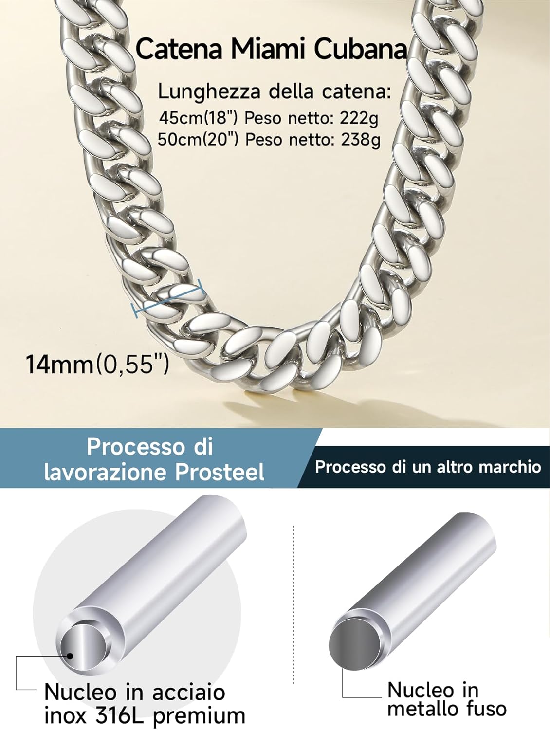 Thumbnail 5 de PROSTEEL Collana a catena cubana Miami in acciaio 316L (5/12/14 mm) impermeabile e resistente allo sbiadimento