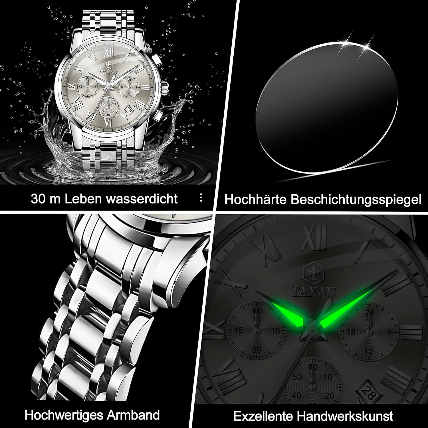 Detalle de Taxau Multifunktions-Chronograph für Herren aus Edelstahl mit römischem Zifferblatt