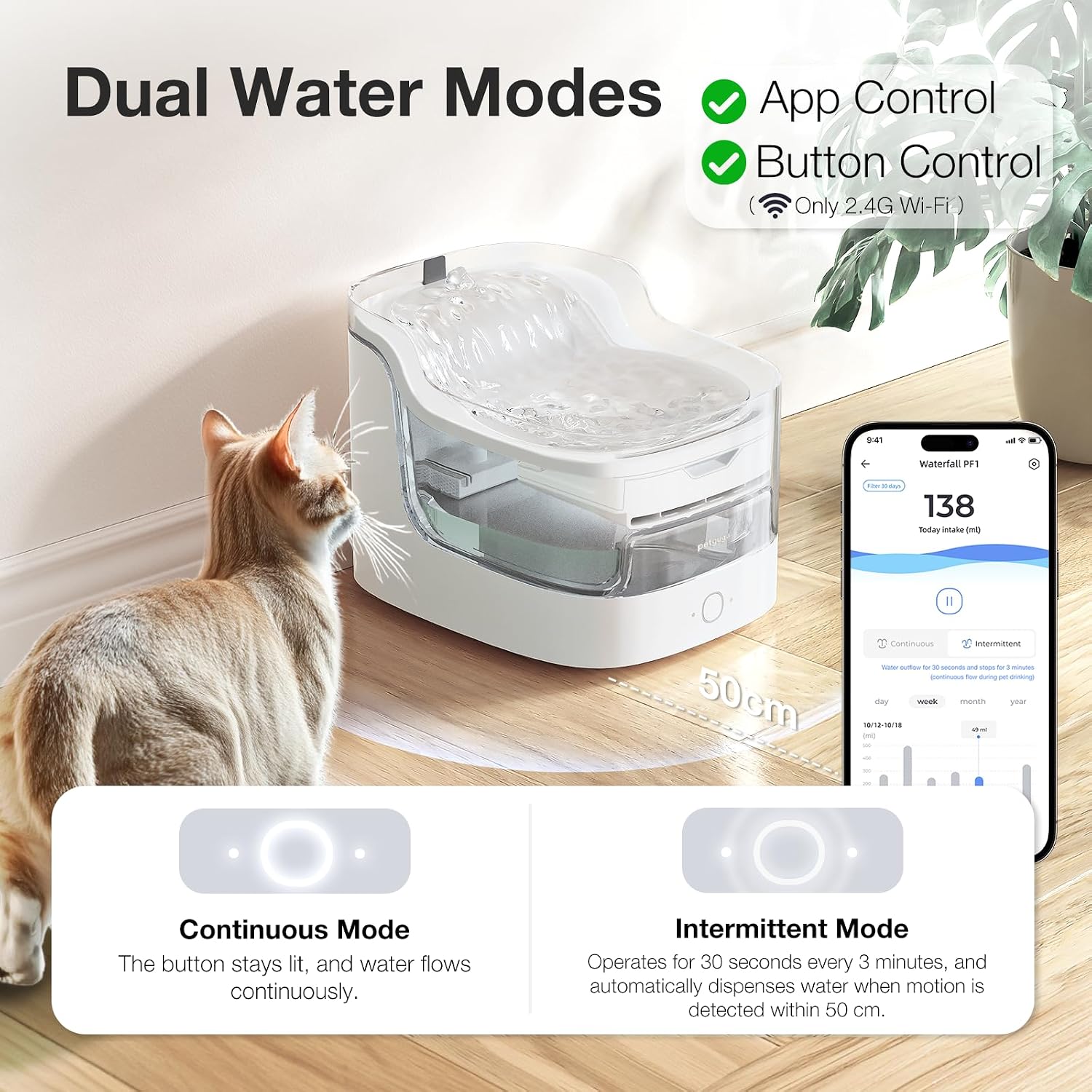 Detalle 2 de PETGUGU PF1L Cat Water Fountain with 8-Layer Filtration and 2.4G WiFi