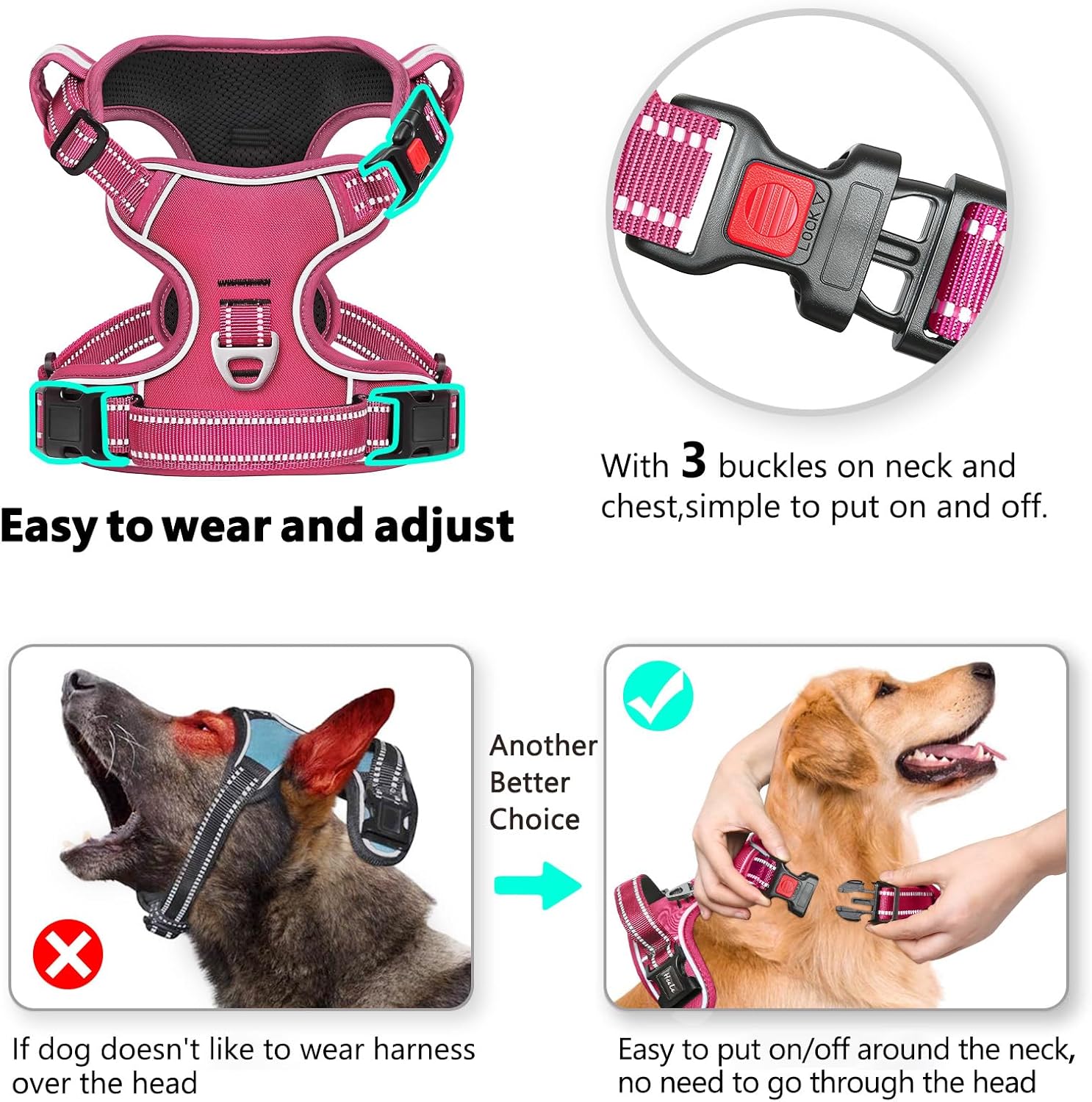 Detalle de HEELE Hundegeschirr Gr. L – verstellbares Brustgeschirr mit reflektierenden Streifen, Quick-Snap-Verschluss, offener Halsbereich, Fuchsia