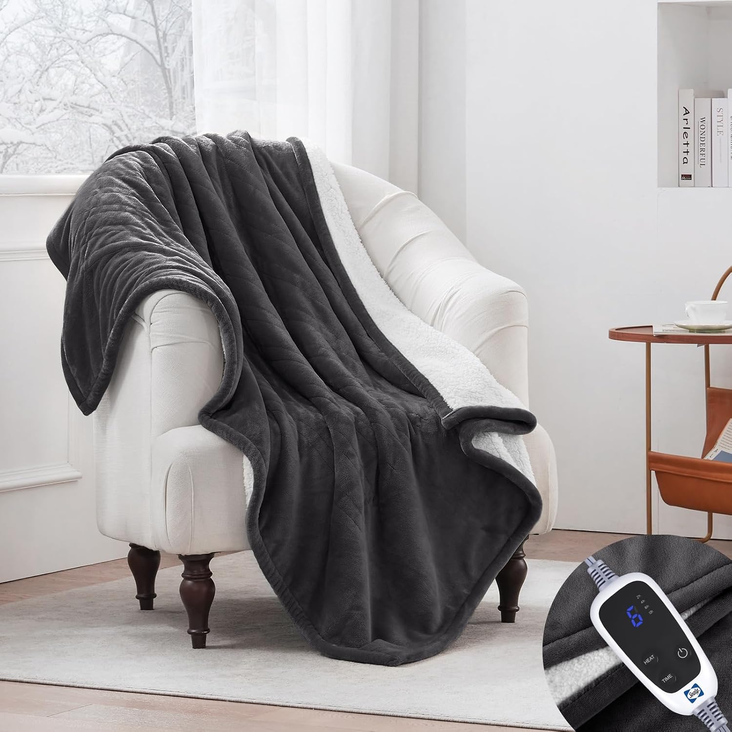Detalle de Sealy KTHT-QBHVS-W Heated Throw Blanket, Flannel and Sherpa, 6 Heat Levels