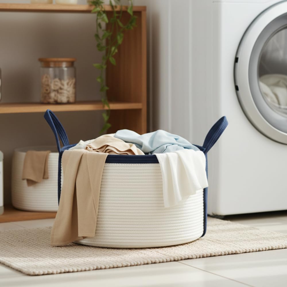 Thumbnail 5 de Danpinera 64L Large Cotton Laundry Basket with Handles – Round Woven Storage for Bedroom, Nursery and Living Spaces