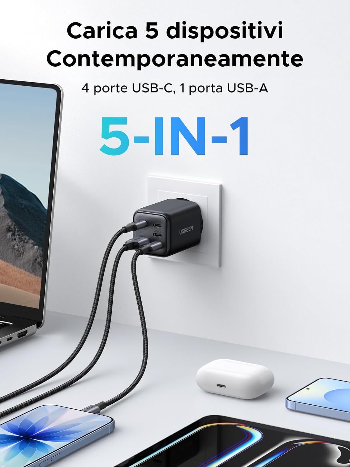 Detalle de UGREEN 45W Caricatore USB C 5 porte