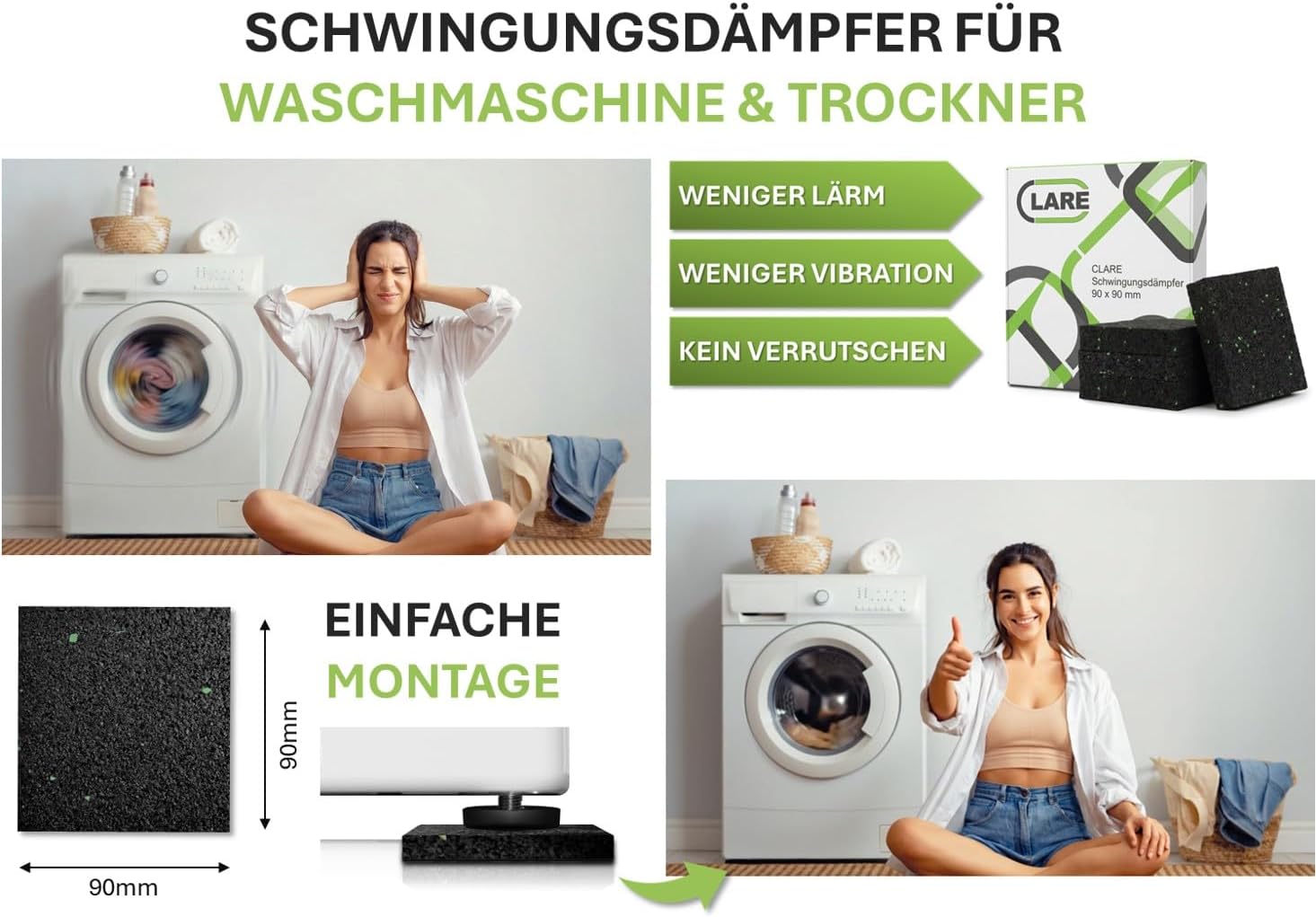 Thumbnail 3 de CLARE Premium Schwingungsdämpfer – rutschfeste Unterlage für Waschmaschine & Trockner (90 x 90 mm)