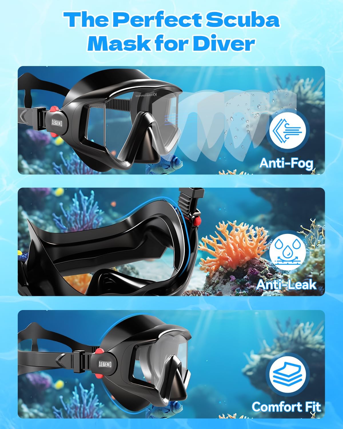 Detalle de Aegend 180° Panoramic Snorkel Mask with Dry Top Snorkel for Adults