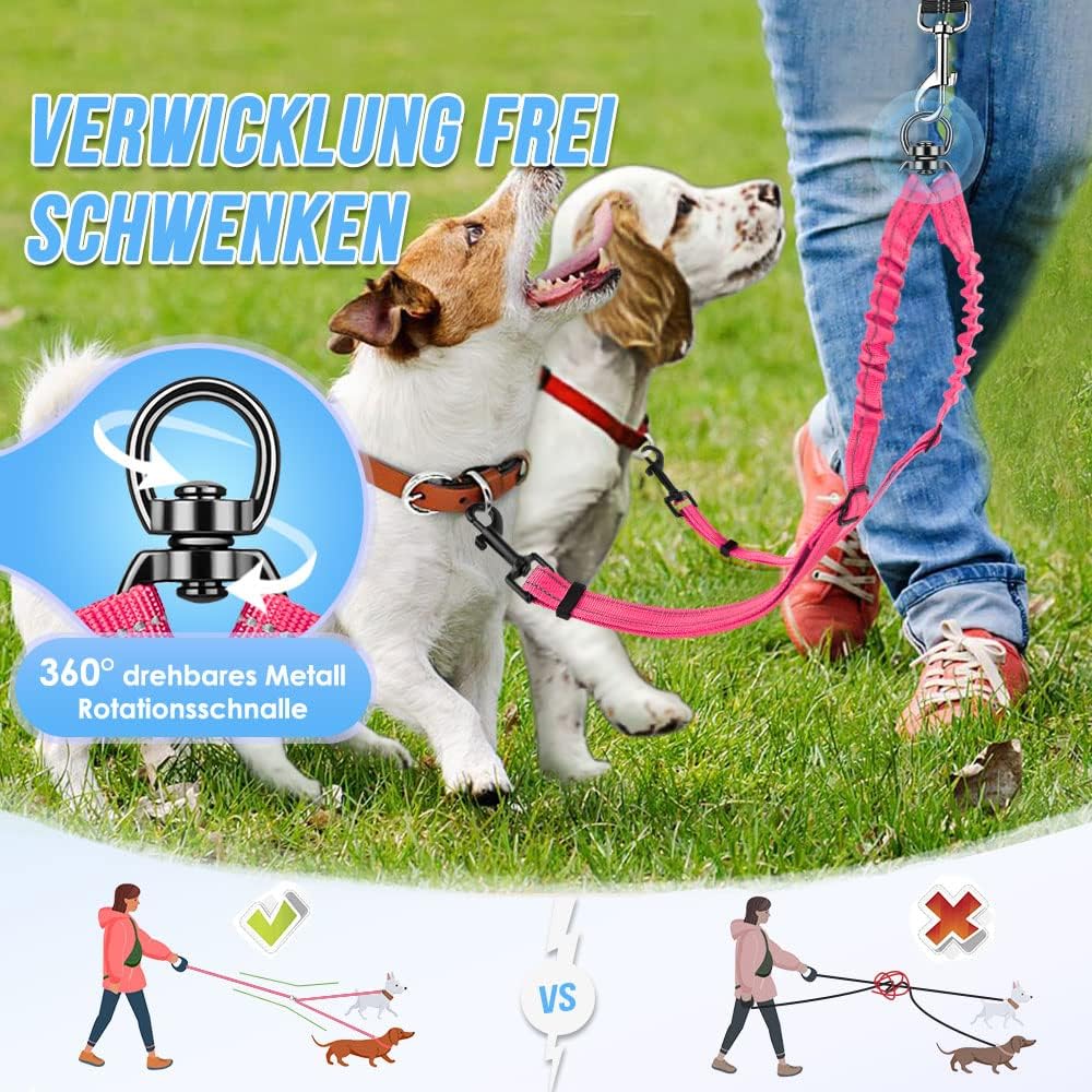 Detalle 2 de Nasjac Doppelte Hundeleine – 360° drehbar, verstellbar, reflektierend & stoßdämpfend für zwei Hunde