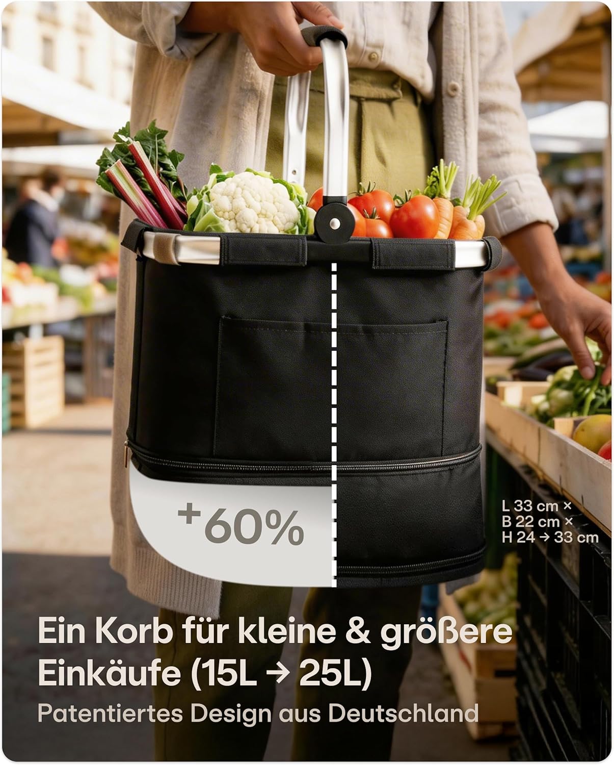 Detalle 2 de Praknu Einkaufskorb Faltbar Klein – 2-in-1 Erweiterbar von 15L auf 35L, Abnehmbarer & Waschbarer Bezug