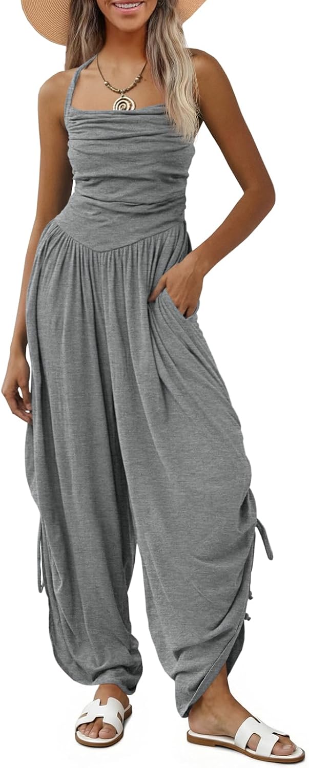 Detalle de Fisoew Women's Casual Jumpsuits: Summer Halter Wide-Leg Overalls with Side-Cinch