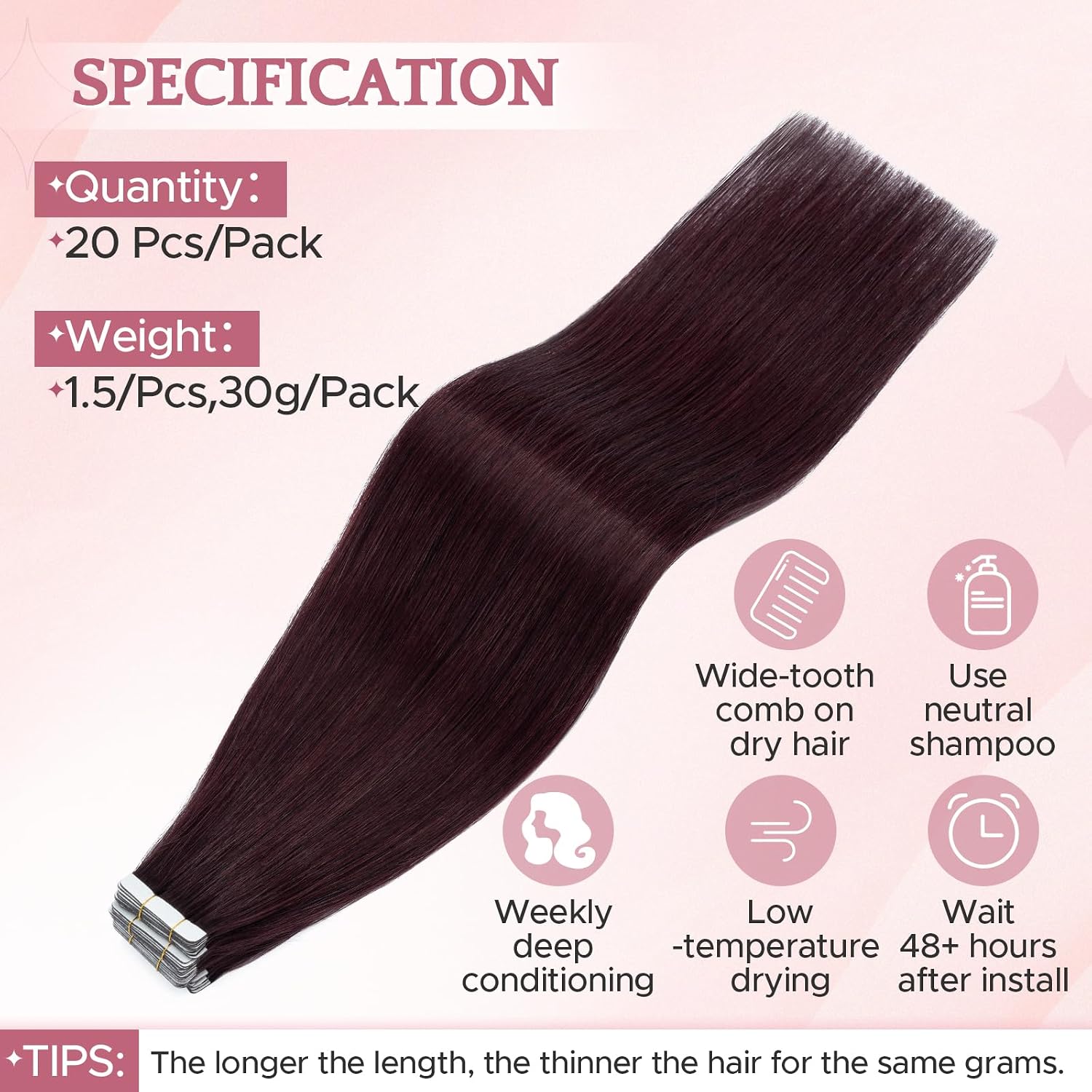 Detalle 1 de SEGO Extension Cheveux Adhésive Naturel Lisse Léger 20 Pièces 50 cm – Bande Blanche