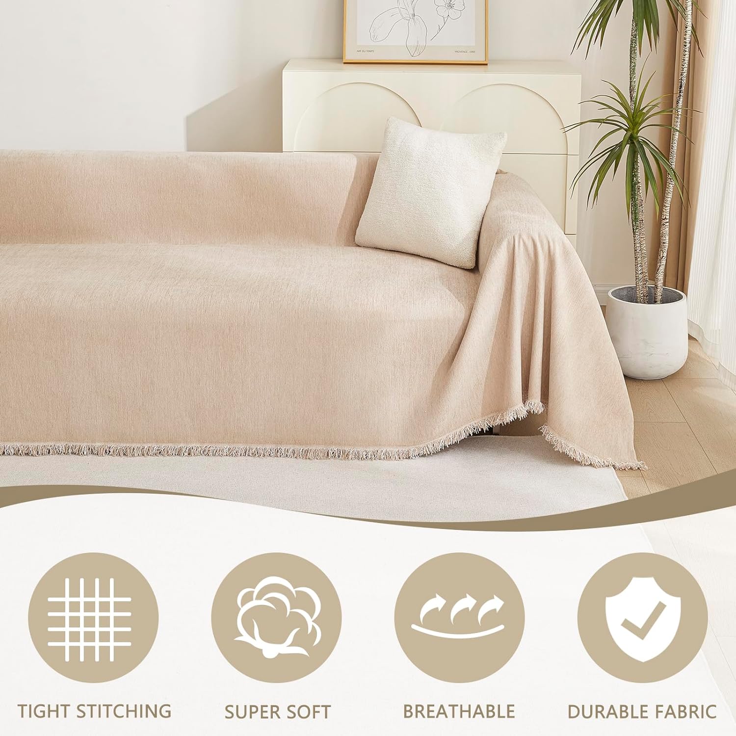 Thumbnail 1 de MYSKY HOME 001 Chenille Sectional Sofa Cover, 91" x 134", Khaki