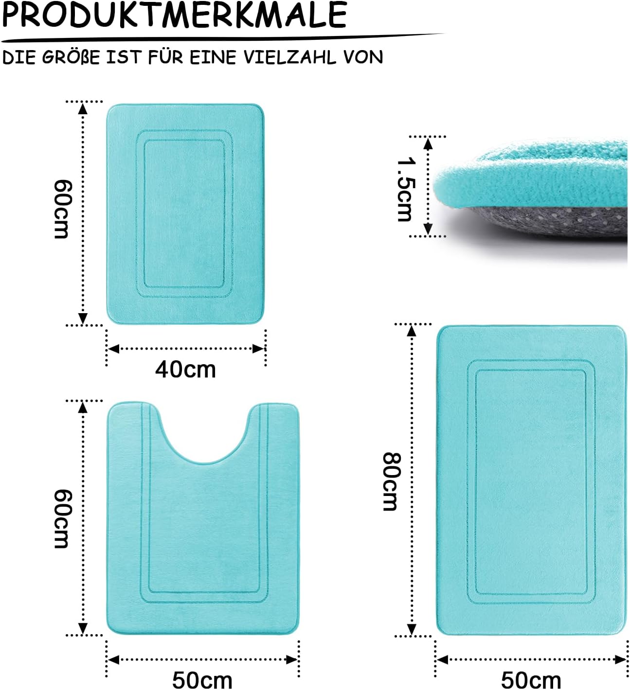 Thumbnail 1 de chakme Badezimmerteppich Set 3-teilig aus Memory-Schaum – rutschfest & waschbar (Blaugrün)