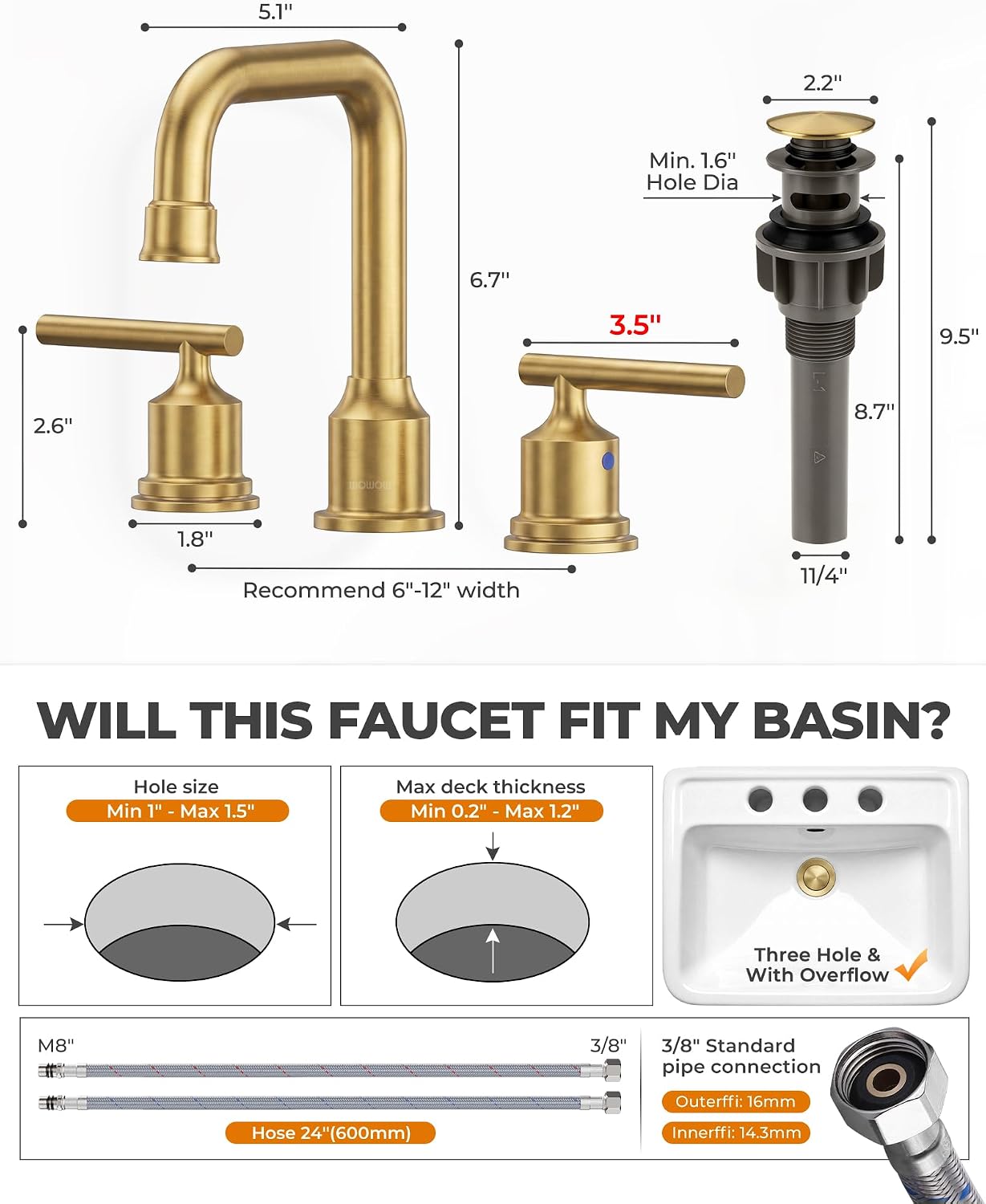 Thumbnail 6 de WOWOW 2320300G-AMUS Widespread Bathroom Faucet, Brushed Gold, Swivel Spout