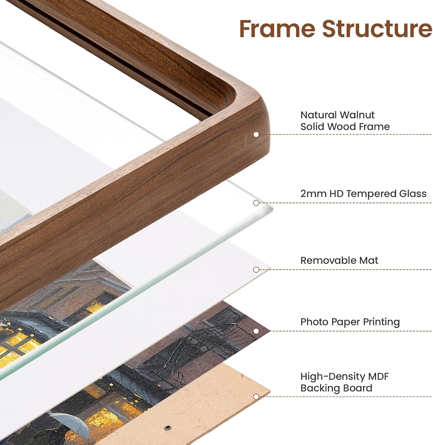 Thumbnail 3 de Feihorrm 6x8 Walnut Wood Picture Frame with 5x7 Mat and Tempered Glass