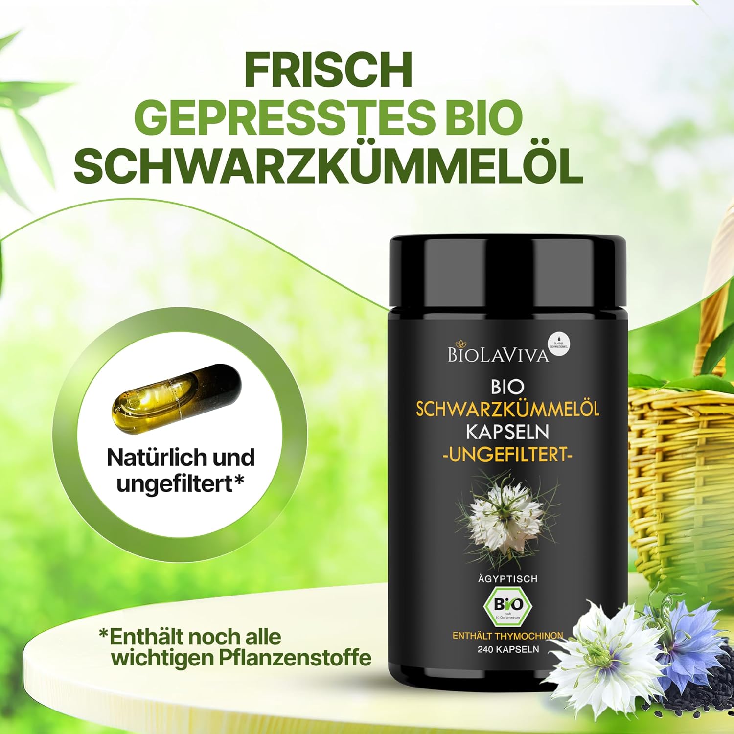 Thumbnail 5 de Premium BIO Schwarzkümmelöl Kapseln (ungefiltert) – reich an Thymochinon, 240 vegane Kapseln im lichtgeschützten Violettglas
