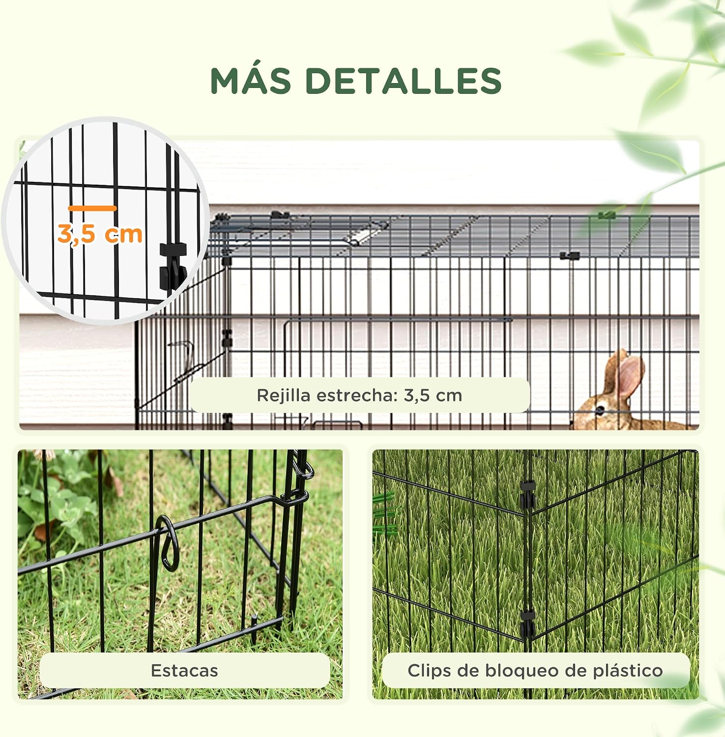 Detalle de PawHut Parc enclos modulable en acier avec bac 220 x 85 x 70 cm (vert) pour rongeurs et petits animaux