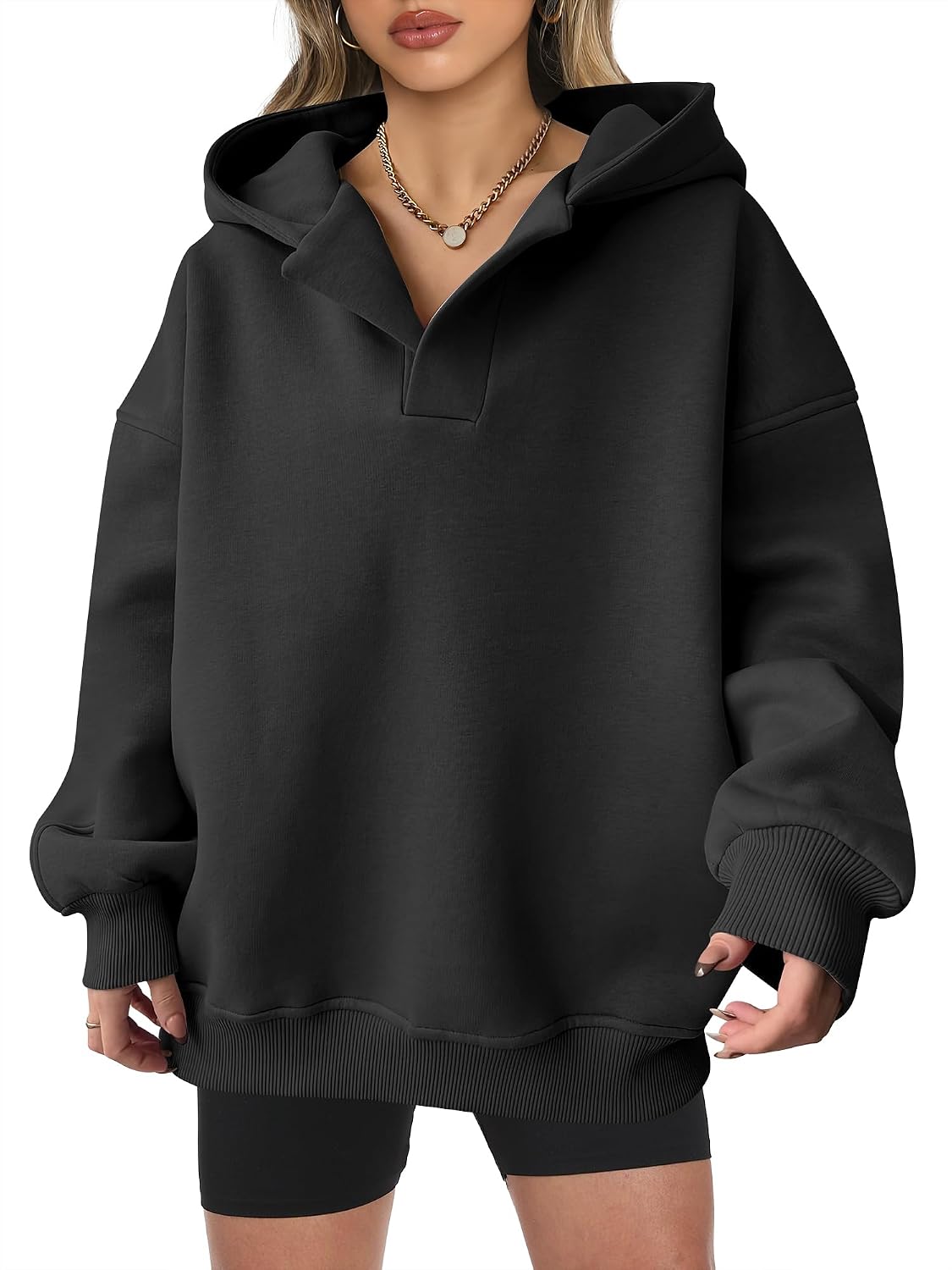 Detalle de ANRABESS Womens Oversized V-Neck Hoodie 2025