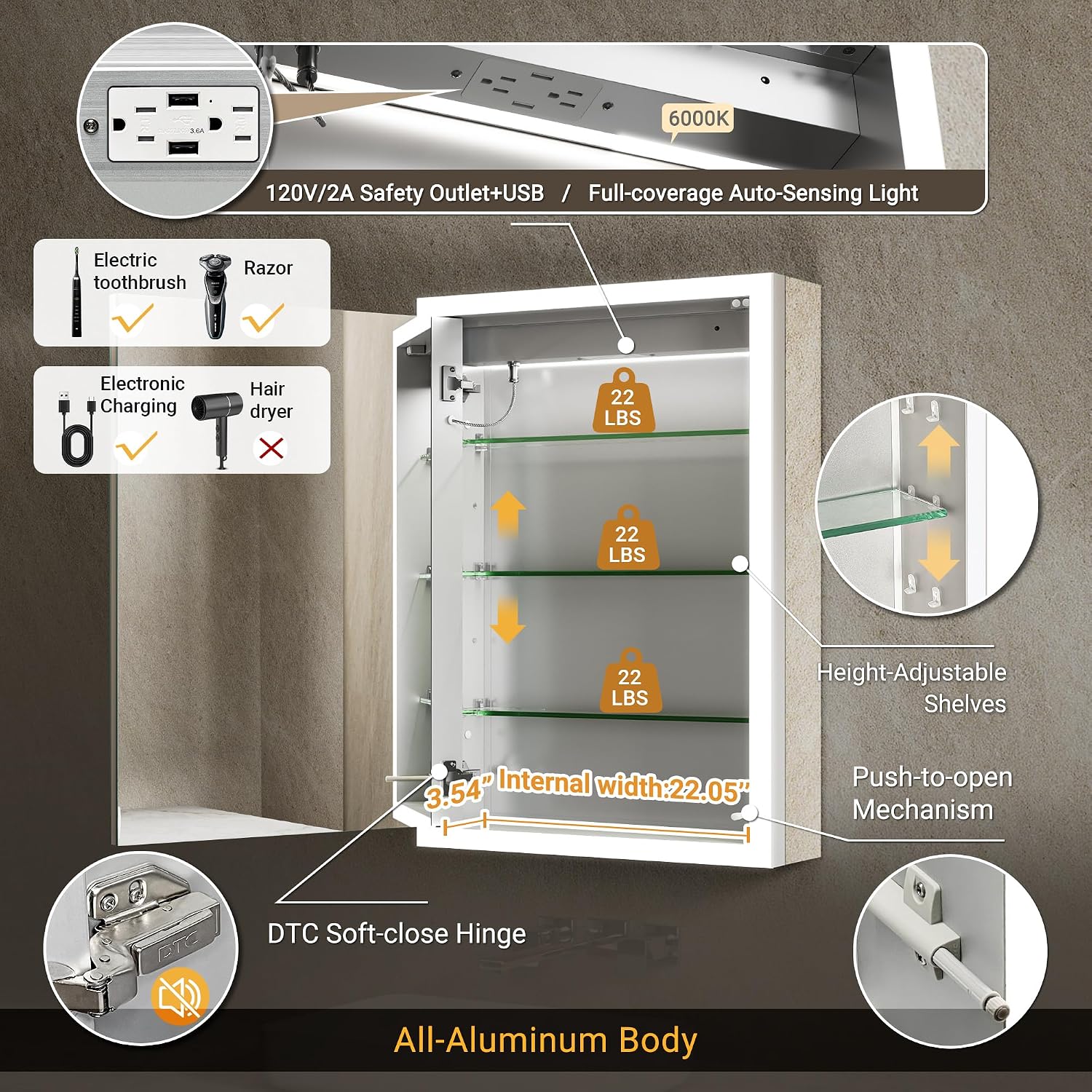 Detalle 2 de QueenFun 111 Lighted Medicine Cabinet, 24 x 30, Dimmable LED Mirror