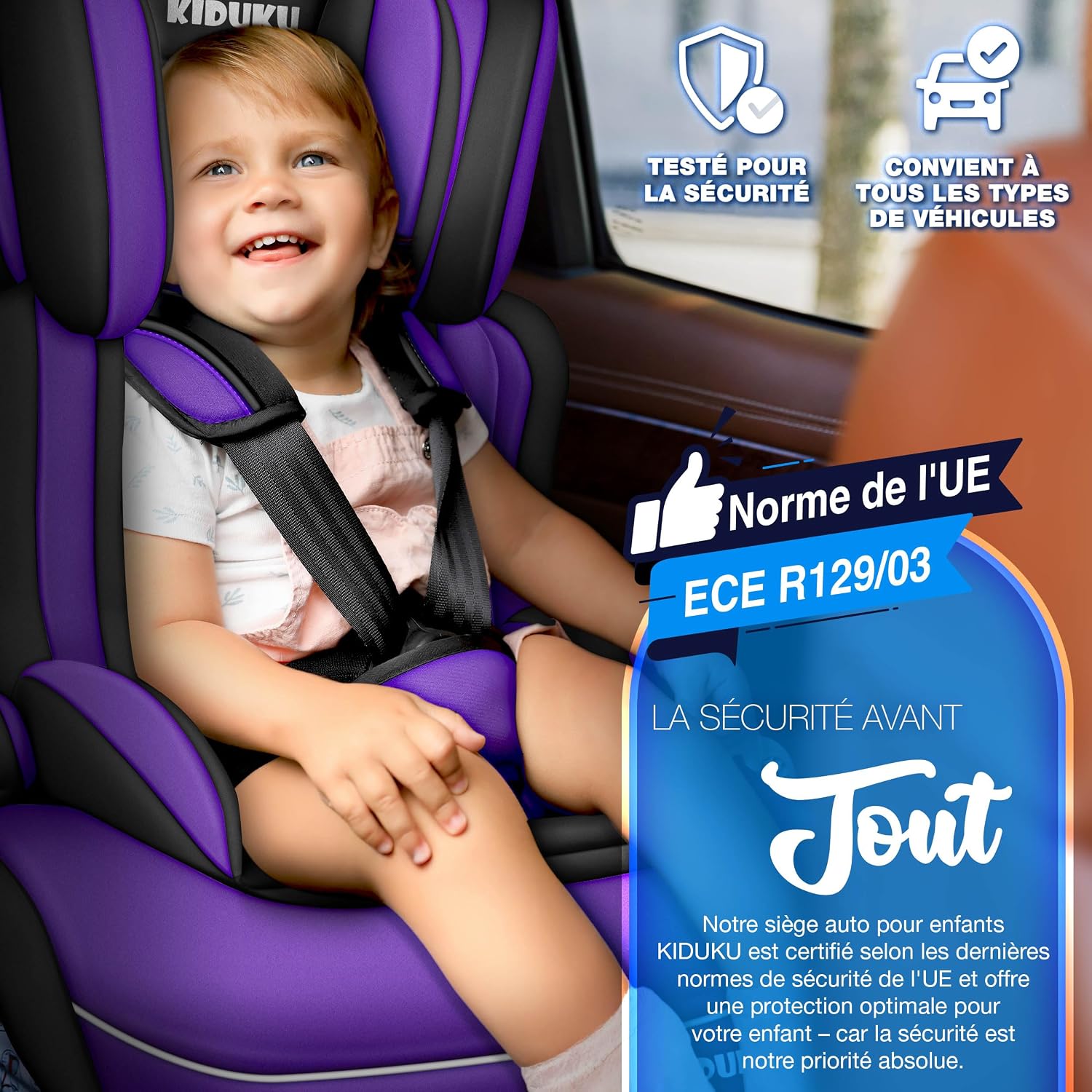 Detalle 2 de KIDUKU Siège auto pour enfants avec Protection, évoluant avec la croissance, norme ECE R129/03, de 9 kg à 36 kg (Groupe 1/2/3) - Noir/Violet