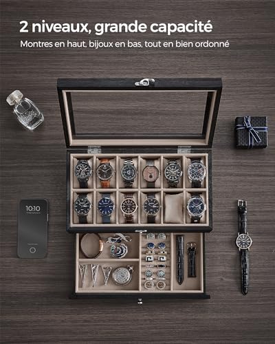 Detalle de SONGMICS Anicia JOW012B01, boîte à montres en bois 12 places avec couvercle en verre