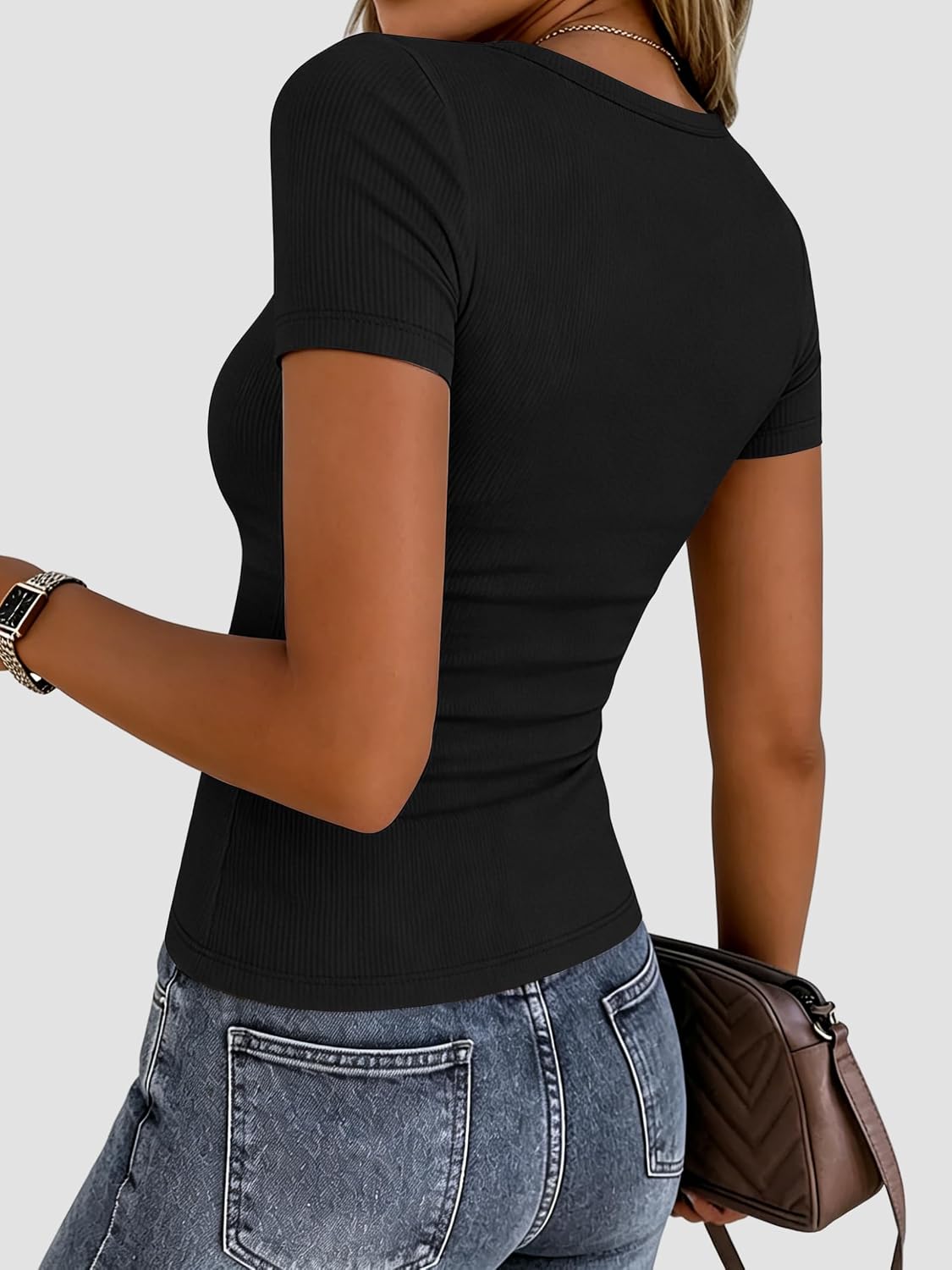 Detalle de Zeagoo Women Short Sleeve Crewneck Ribbed Knit Top