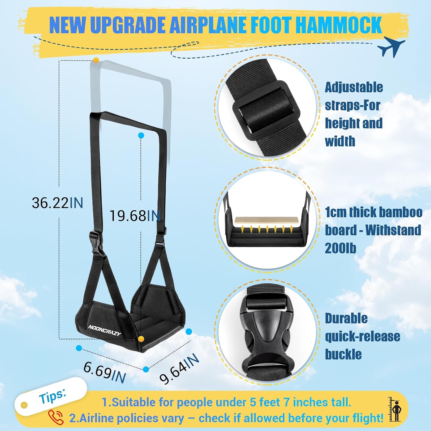 Thumbnail 1 de NOONCRAZY RM Airplane Foot Hammock with Adjustable Strap and Bamboo Base