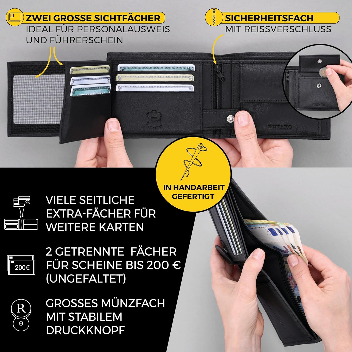 Detalle 2 de RUTAKO Leder Geldbörse Herren RFID Schutz, groß