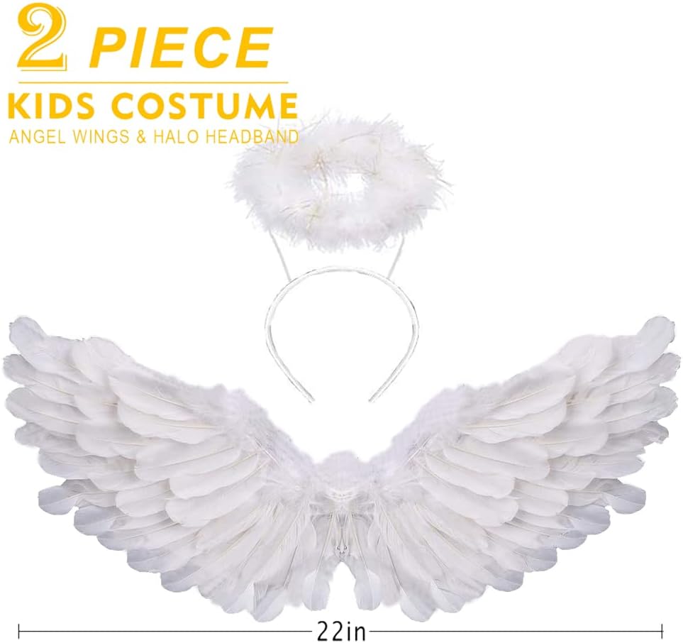 Detalle de SzJias Angel Costume Wings and Halo, White Foldable Feather Set for Kids
