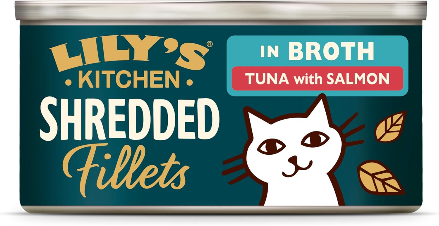 Detalle de Lily’s Kitchen Nassfutter für Katzen – Aus natürlichen Zutaten, zerkleinerte Filets in Brühe mit Thunfisch und Lachs, 70 g Dose