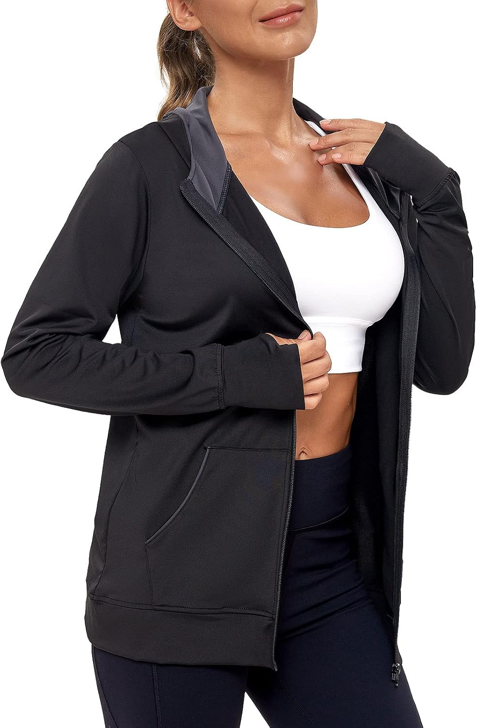 Thumbnail 3 de AMZSPORT Damen Laufjacke mit Kapuze, durchgehender Reißverschluss & Daumenlöchern für Training, Yoga & Fitness