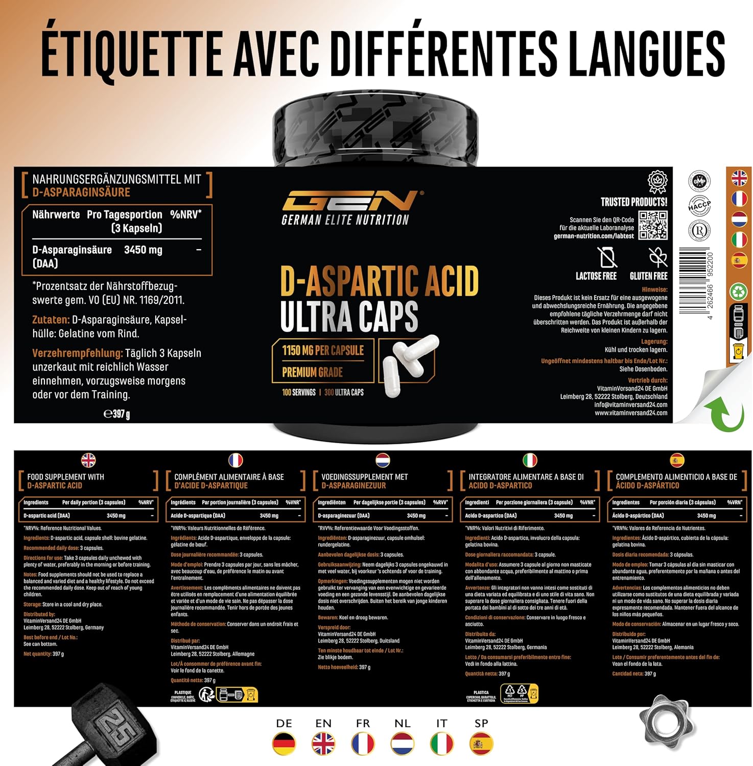 Detalle de D-Acide Aspartique DAA Ultra Caps – 300 gélules dosées à 1150 mg (DAA) – sans additifs indésirables
