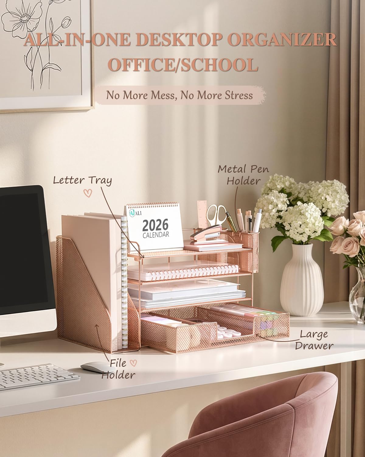 Detalle 2 de WALI 4-Tier Desk File Organizer with Drawer, Pen Holders, Rose Gold