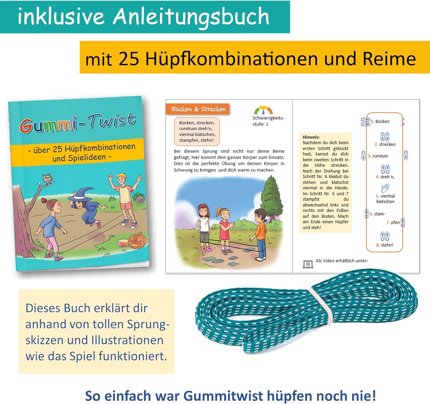 Detalle 2 de GLÜCKSWOLKE Gummitwist + Buch: Das complete Indoor & Outdoor Sprungset mit 25 Vorlagen