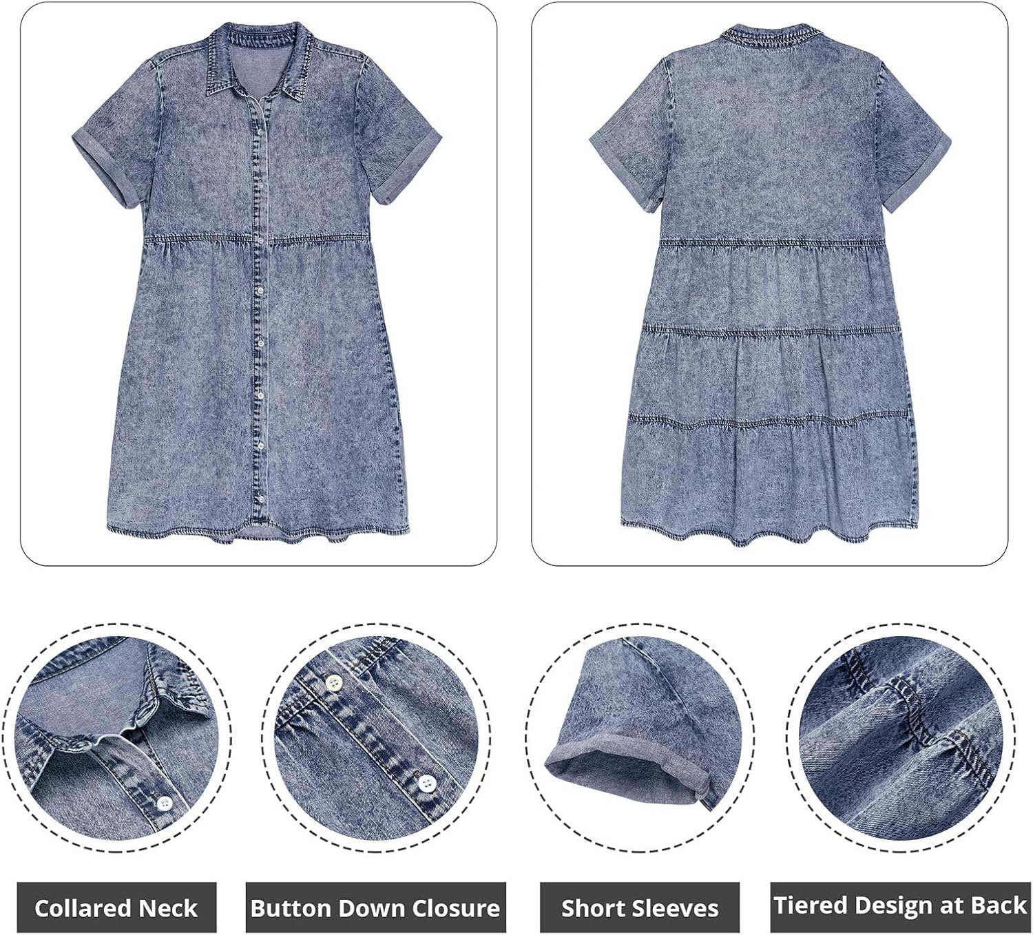 Detalle de GRAPENT Denim Dress for Women Babydoll Tiered Short Sleeve Button Down Jean Shirt Dresses