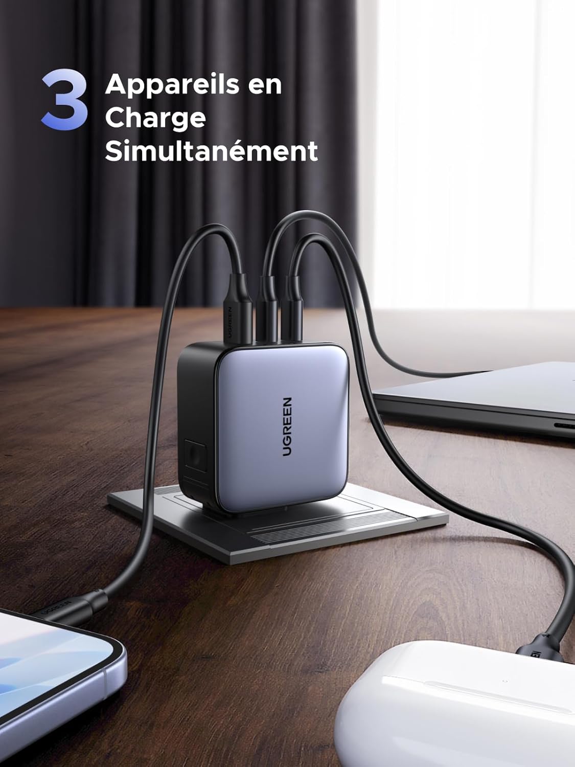 Detalle de UGREEN Nexode 65W GaN USB-C Chargeur de Voyage 3 Ports avec prises EU/UK/US amovibles