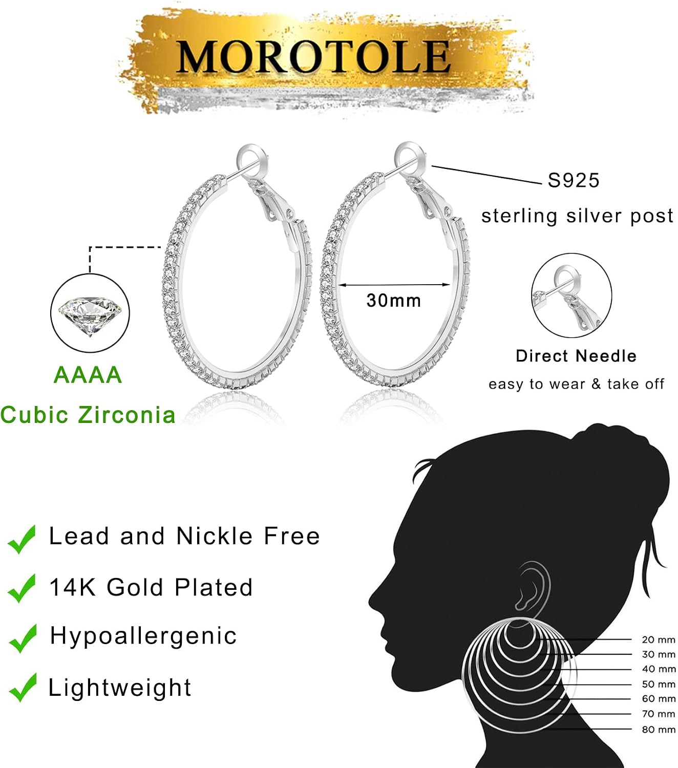 Detalle de MOROTOLE 14K Gold Strass Creolen mit funkelnden Steinen – große bis kleinere Hoop-Ohrringe für Damen & Mädchen