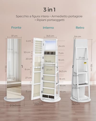 Detalle de SONGMICS Specchio Portagioie JJC007W02 con 6 Luci LED, Armadietto Girevole a 360° e Alloggiamento in MDF su superficie Bianca