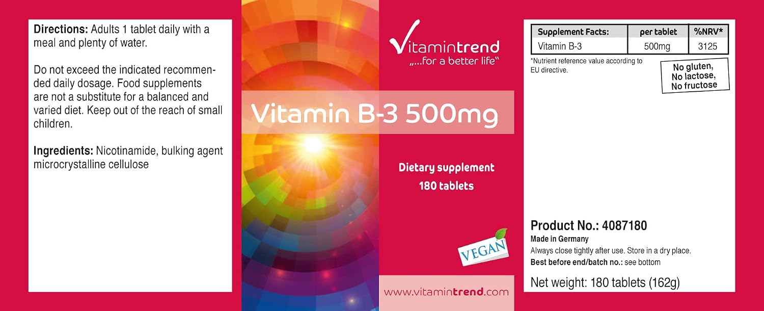 Detalle de Vitamintrend Vitamin B3 500 mg – 180 Tabletten, vegan, hochdosiert, made in Deutschland
