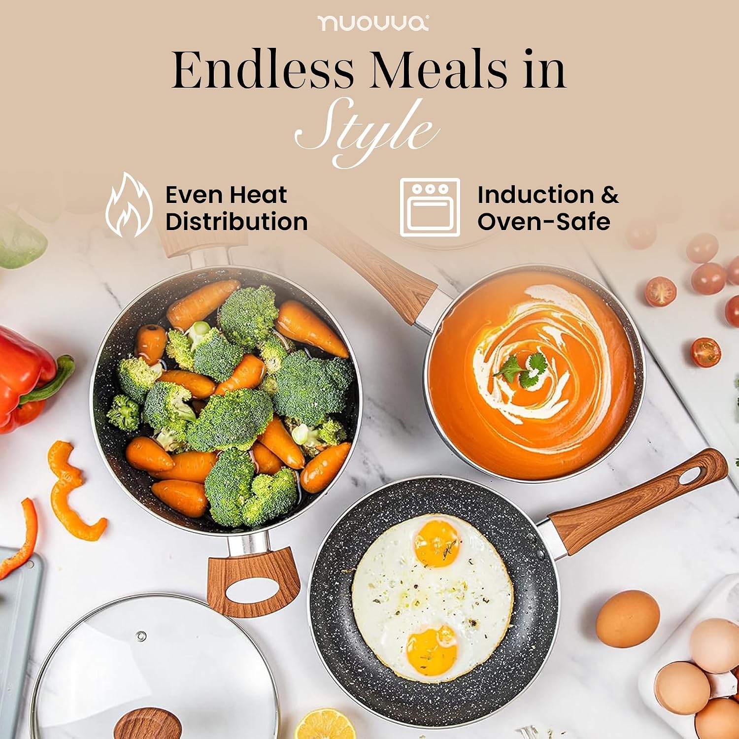 Detalle de Nuovva Non Stick Pots and Pans Set – 5 Piece Marble Induction Cookware with Lids