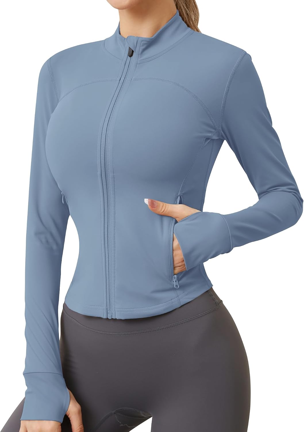 Detalle de IECCP Damen Langarm Sportjacke mit Daumenloch – Leicht, Slim Fit, Zwei Reißverschlusstaschen