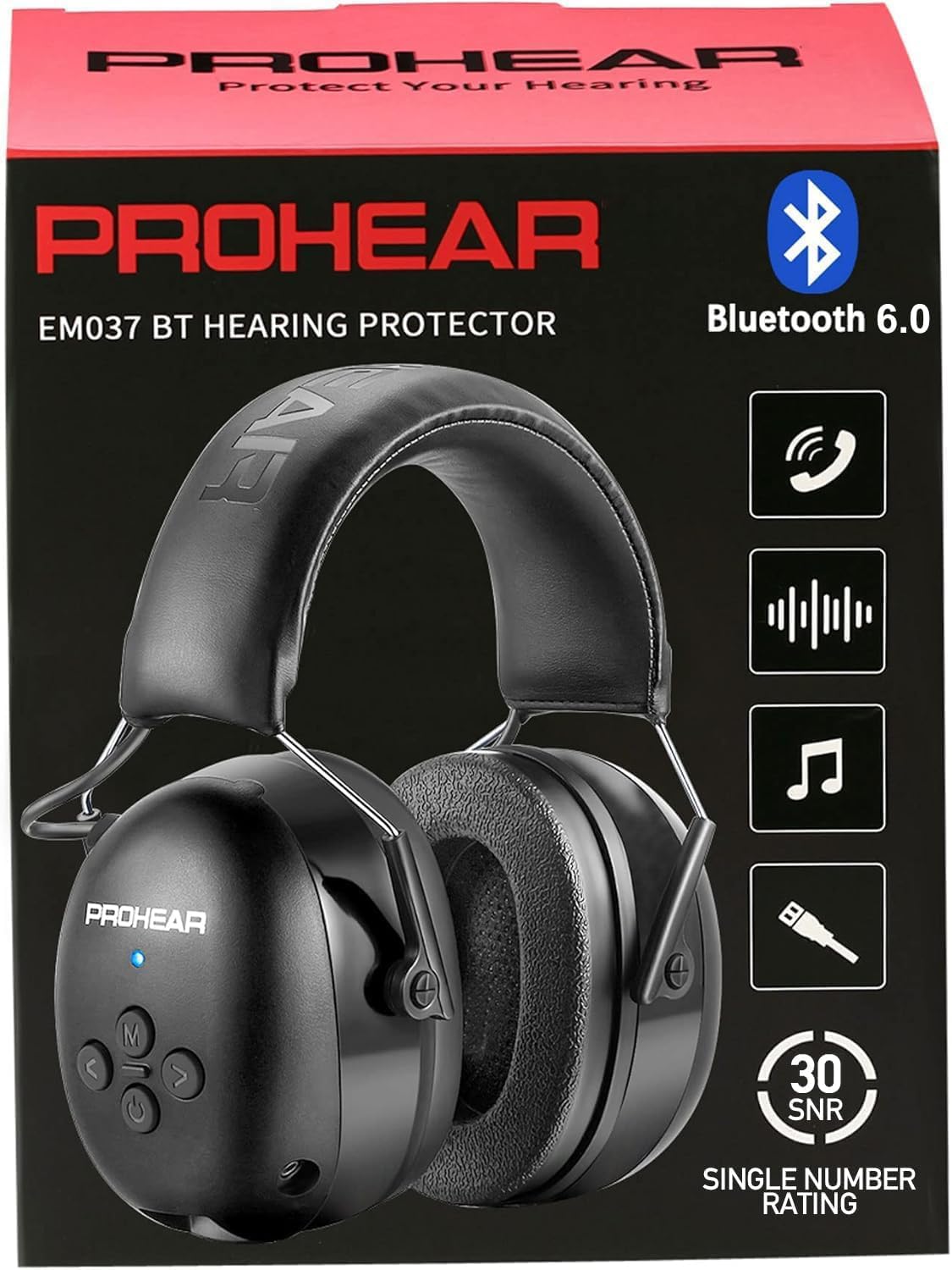 Detalle de PROHEAR 037 Bluetooth 6.0 Hearing Protection Headphones (30 dB SNR) with 1500mAh Rechargeable Battery, Black