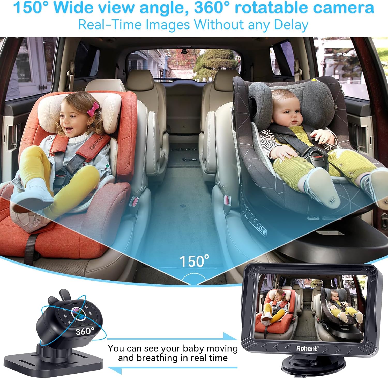 Thumbnail 3 de Rohent Baby Car Camera 5-inch HD 1080P monitor with night vision (USB powered, rear & forward-facing)