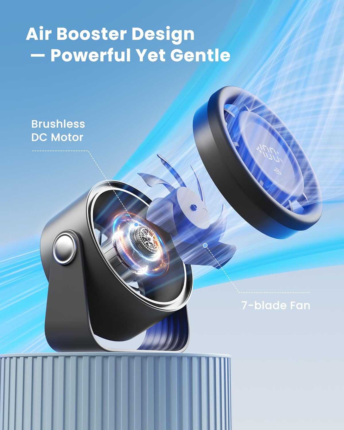 Thumbnail 3 de gaiatop Small Rechargeable Desk Fan (5in) with 4000mAh Battery, Touch Control LED, 360° Tilt, 5 Speeds – Black